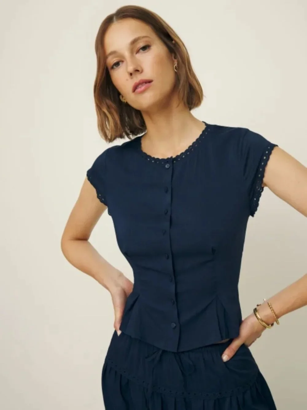 NWOT Reformation Valetta Two Piece in Navy Blue Top Mini Skirt Cotton Size 4 - Picture 6 of 6